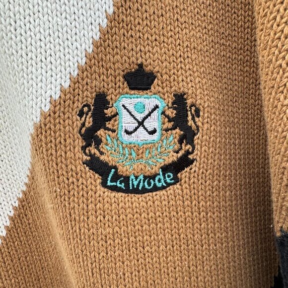 La Mode Active Sportswear Vintage Mens V-Neck Argyle Brown Knit Grandpa Sweater - Picture 3 of 12